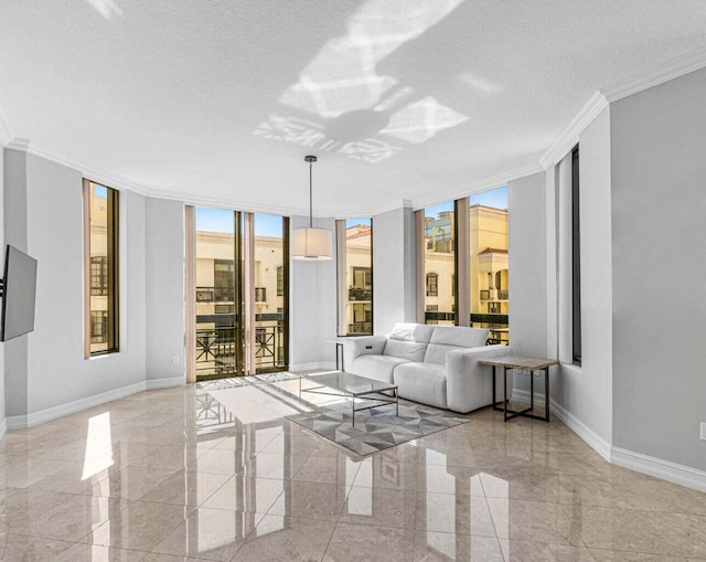 unfurnished living room with floor to ceiling windows, ornamental molding, a textured ceiling, and light tile floors