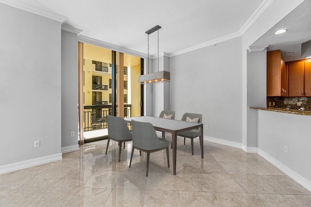 dining room with crown molding, a textured ceiling, a wall of windows, and light tile floors