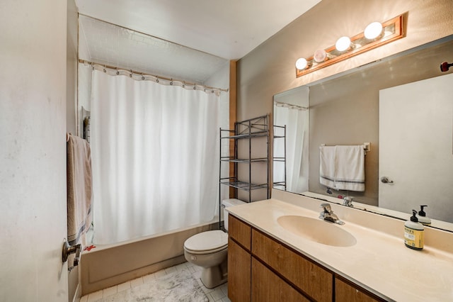 full bathroom featuring tile floors, shower / bathtub combination with curtain, vanity with extensive cabinet space, and toilet