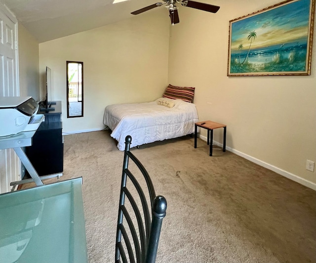 carpeted bedroom with ceiling fan and lofted ceiling