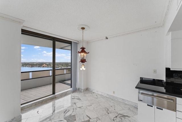 unfurnished dining area with a water view, crown molding, expansive windows, and a textured ceiling