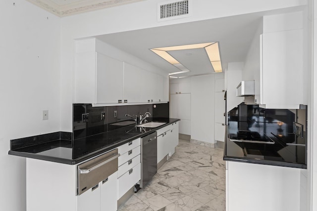 kitchen with sink, decorative backsplash, white cabinetry, and stainless steel dishwasher