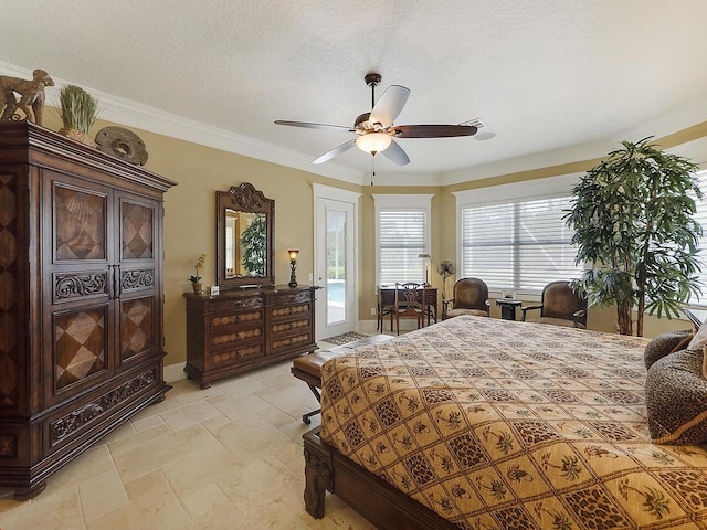 bedroom with crown molding, baseboards, stone tile floors, a textured ceiling, and access to outside