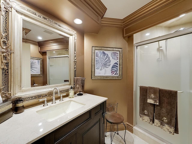 bathroom with visible vents, a stall shower, ornamental molding, decorative backsplash, and vanity