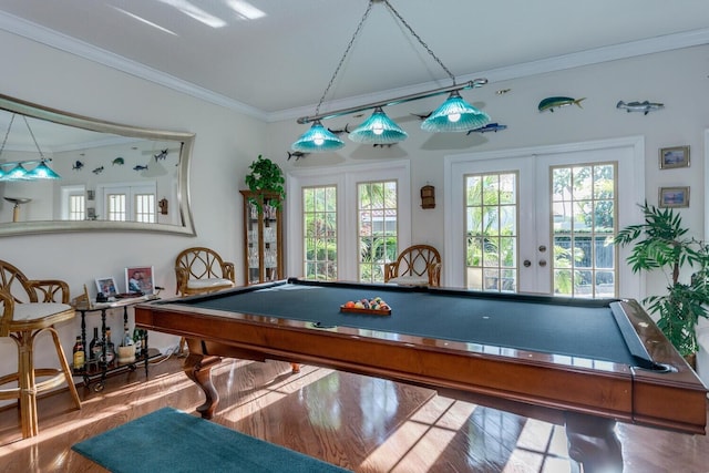 playroom featuring french doors, pool table, plenty of natural light, and crown molding