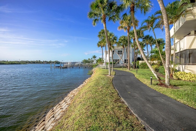 view of water feature with a boat dock