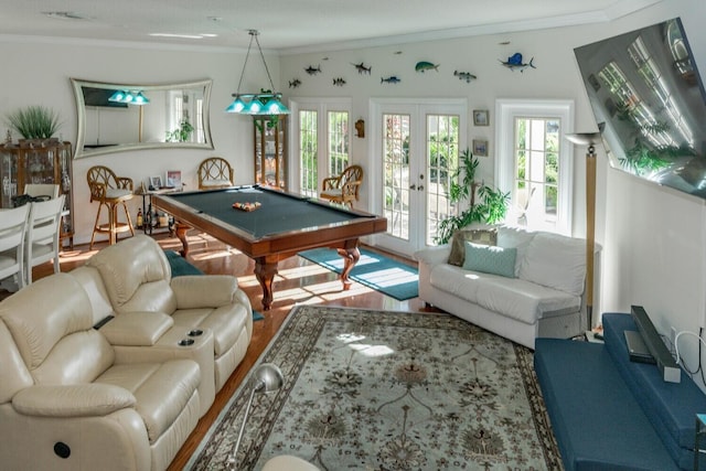 playroom with crown molding, french doors, and billiards