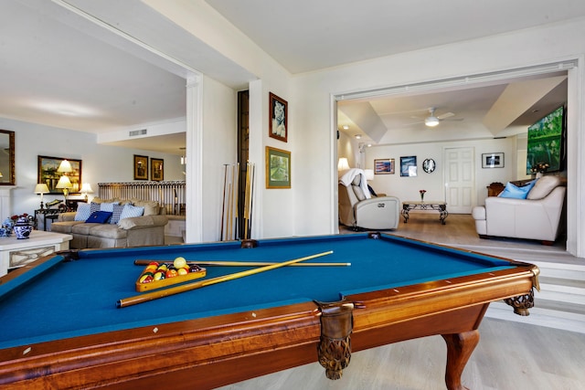 recreation room with hardwood / wood-style flooring, ceiling fan, and billiards