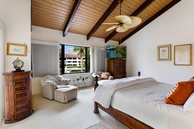 carpeted bedroom featuring lofted ceiling with beams, ceiling fan, and wood ceiling