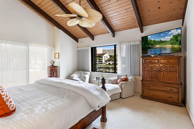 bedroom with multiple windows, beam ceiling, ceiling fan, and wood ceiling