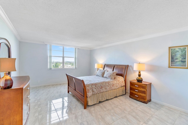 bedroom featuring a textured ceiling and ornamental molding