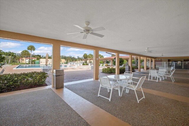 view of patio / terrace with ceiling fan and a community pool