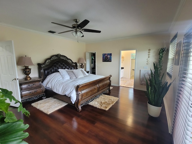 bedroom with ensuite bath, wood-type flooring, ceiling fan, and crown molding