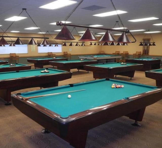 playroom featuring billiards and carpet floors