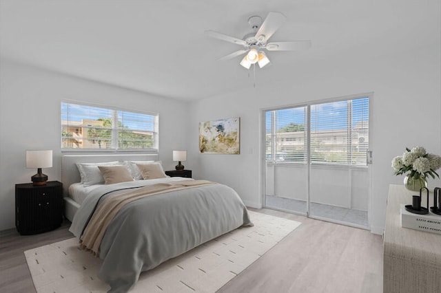 bedroom with ceiling fan and light wood-type flooring