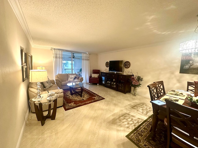 living room featuring crown molding and a textured ceiling