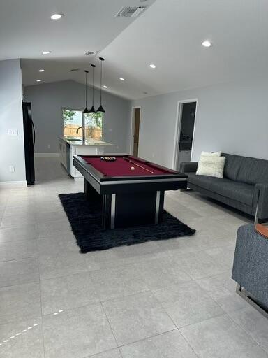 playroom featuring lofted ceiling, recessed lighting, billiards, visible vents, and baseboards