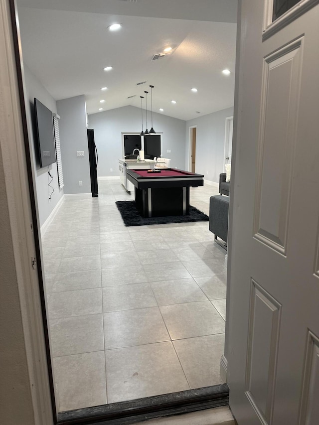 rec room featuring lofted ceiling, recessed lighting, pool table, light tile patterned flooring, and baseboards