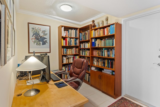 tiled office space with a textured ceiling and ornamental molding