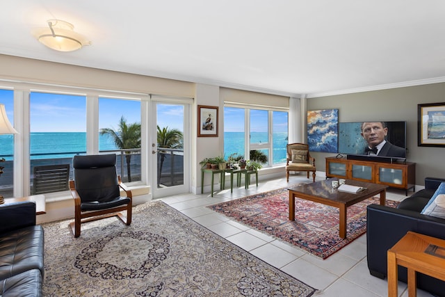 living room featuring light tile patterned floors, a water view, french doors, and crown molding