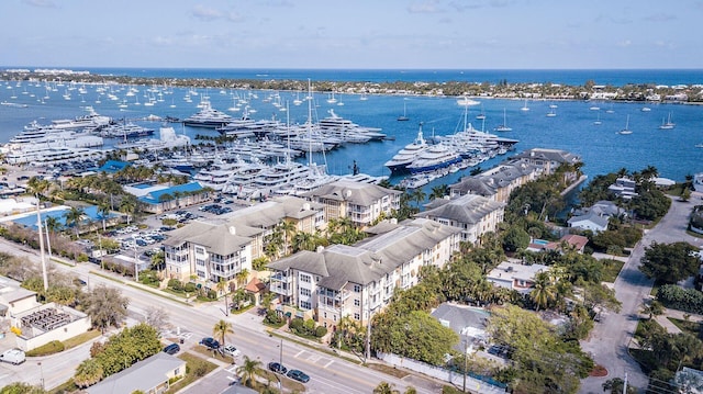 drone / aerial view featuring a water view