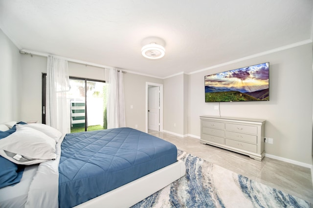 tiled bedroom with access to outside and ornamental molding