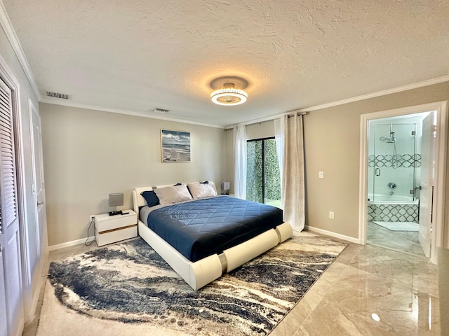 bedroom with a textured ceiling, ensuite bathroom, and ornamental molding