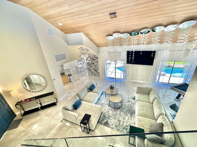 living room with lofted ceiling and wood ceiling