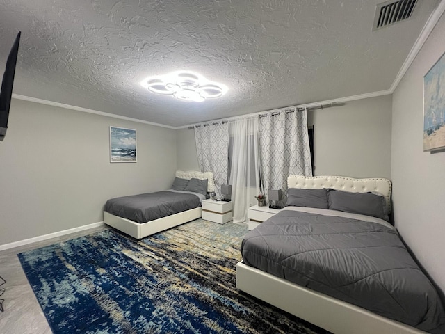 bedroom featuring a textured ceiling and crown molding