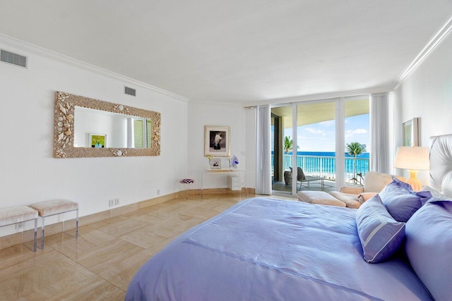 bedroom featuring access to outside, crown molding, and a water view