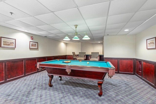 playroom featuring a drop ceiling, light carpet, and pool table