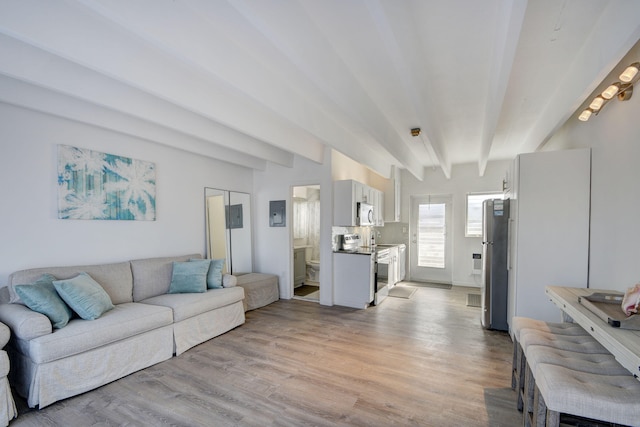 living room featuring light hardwood / wood-style floors and beamed ceiling