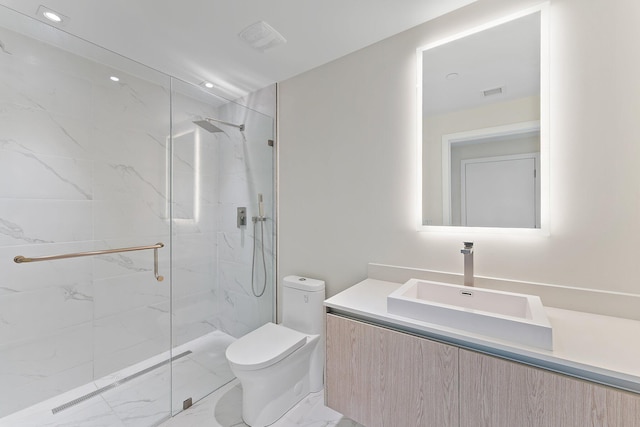 full bath featuring marble finish floor, a marble finish shower, visible vents, toilet, and vanity