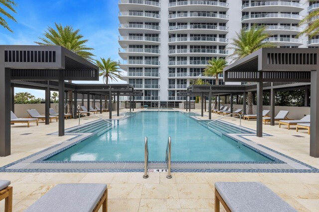 view of swimming pool featuring a patio area