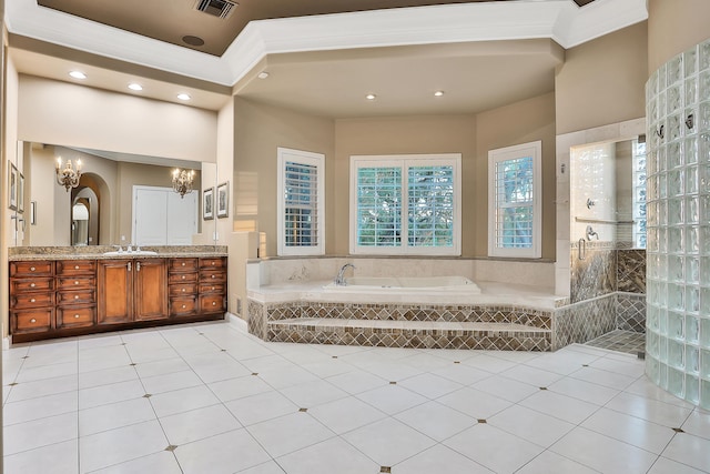 bathroom with shower with separate bathtub, vanity, tile patterned floors, and ornamental molding