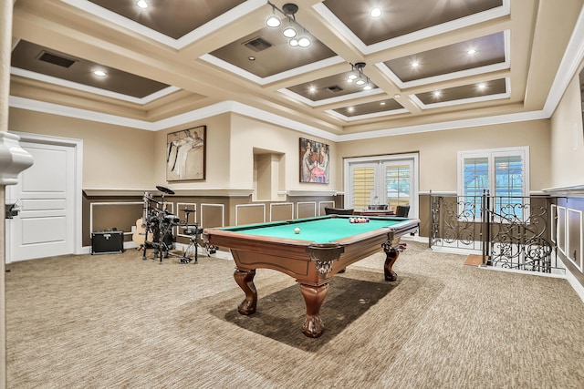 playroom featuring carpet, french doors, coffered ceiling, crown molding, and billiards