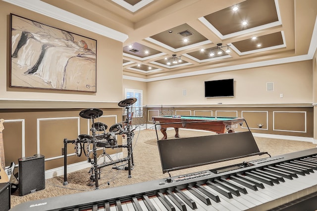 interior space featuring carpet, crown molding, billiards, and coffered ceiling