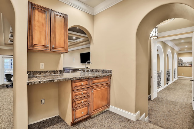 bar with sink, carpet floors, and crown molding