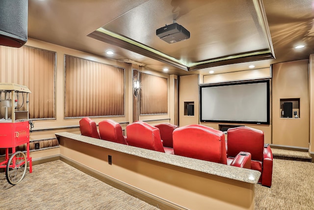 cinema featuring light carpet and a tray ceiling