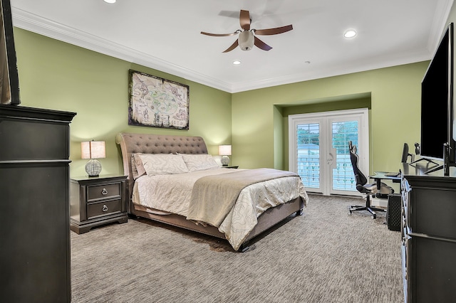 carpeted bedroom with access to exterior, ceiling fan, and ornamental molding