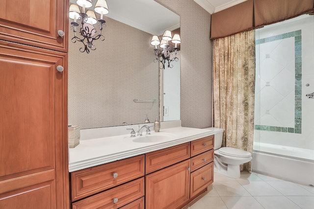 full bathroom with vanity, crown molding, tile patterned flooring, toilet, and shower / tub combo with curtain