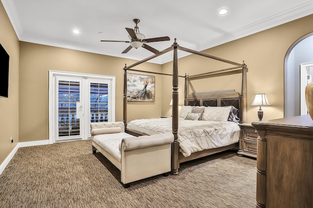 bedroom featuring ceiling fan, french doors, carpet, and ornamental molding