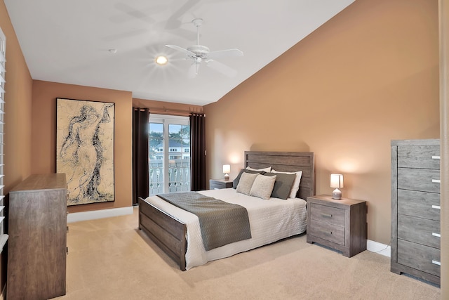 bedroom with light carpet, access to outside, ceiling fan, and lofted ceiling