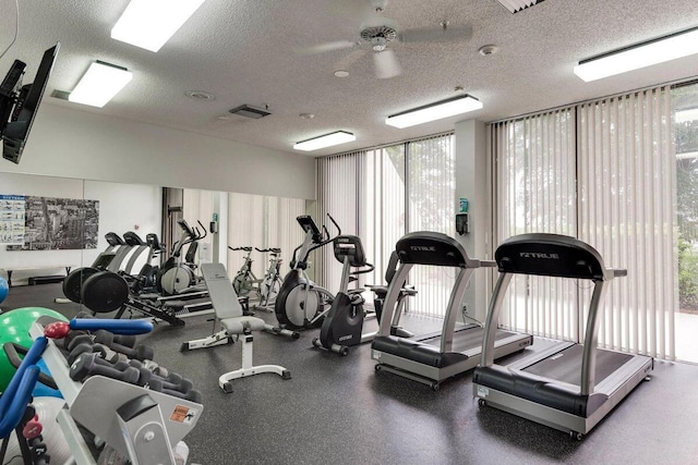 exercise room with floor to ceiling windows, a textured ceiling, and ceiling fan