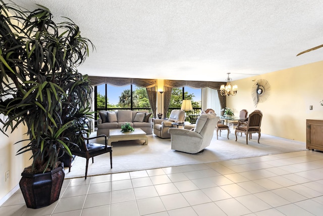 tiled living room with a textured ceiling and a notable chandelier