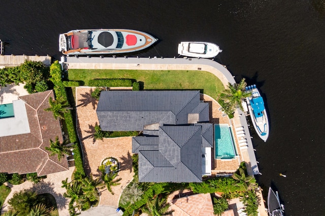 bird's eye view with a water view