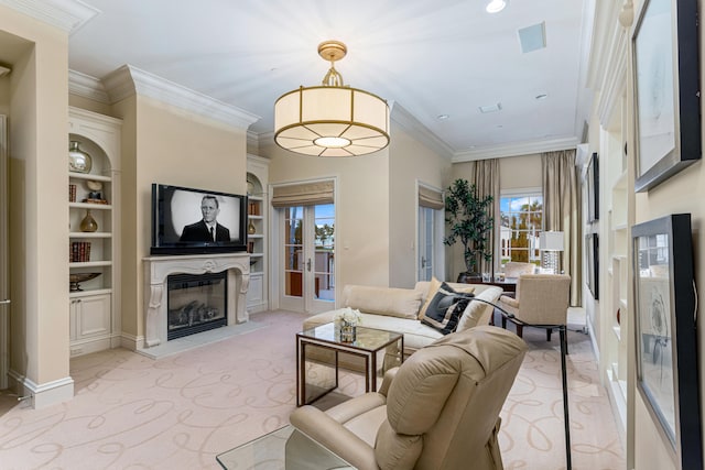 carpeted living room featuring crown molding, a healthy amount of sunlight, and built in features