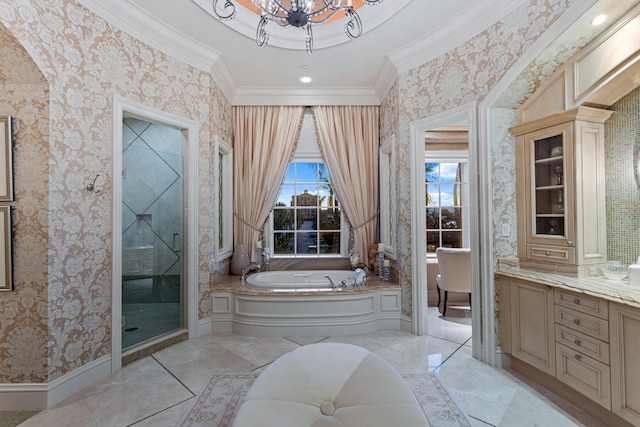 bathroom with crown molding, vanity, a chandelier, and shower with separate bathtub