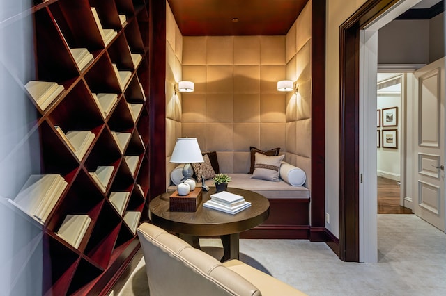 wine cellar featuring light carpet