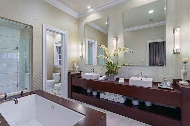 full bathroom featuring ornamental molding, vanity, a bidet, plus walk in shower, and toilet